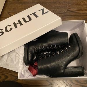 NIB SCHUTZ Heeled Booties Leather Lace Up Combat Heeled Boots Size 8.5/9